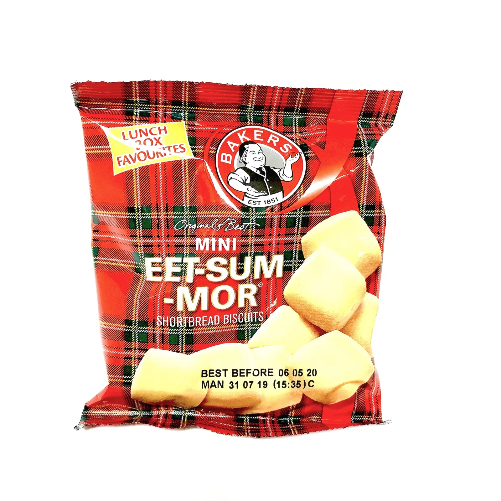 Front of Bakers Mini Eet-Sum-Mor Shortbread Biscuits 50g packet