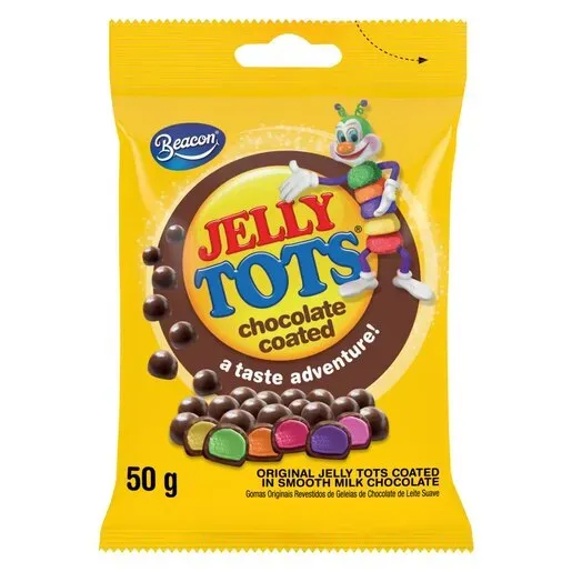 Front of Beacon Jelly Tots Chocolate Coated 50 g pack