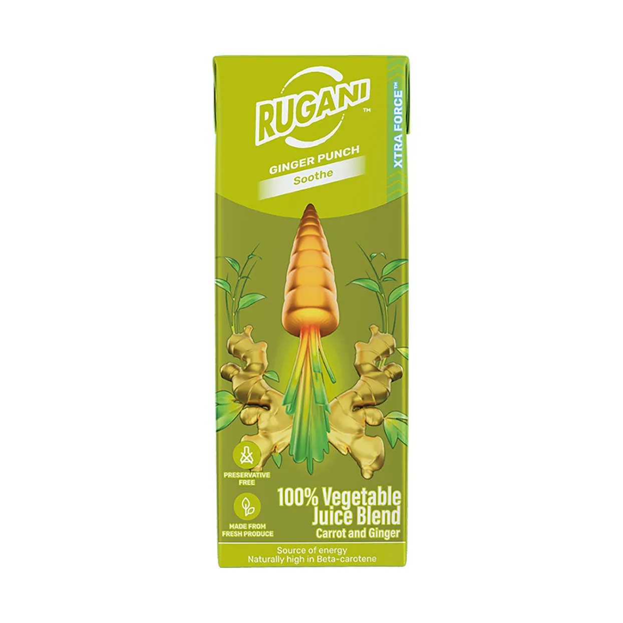 Front of Rugani Ginger Punch Carrot and Ginger 100% Vegetable Juice Blend 330ml carton