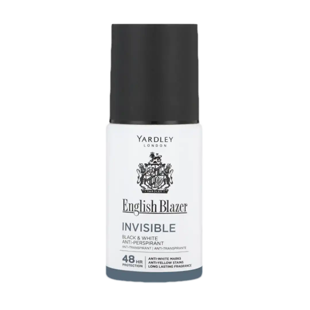 Front of Yardley English Blazer Invisible Black & White Anti-Perspirant Roll-On 50ml