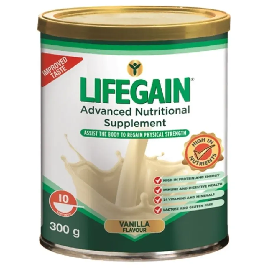 Front of Nativa Lifegain Advanced Nutritional Supplement Vanilla Powder 300 g tin
