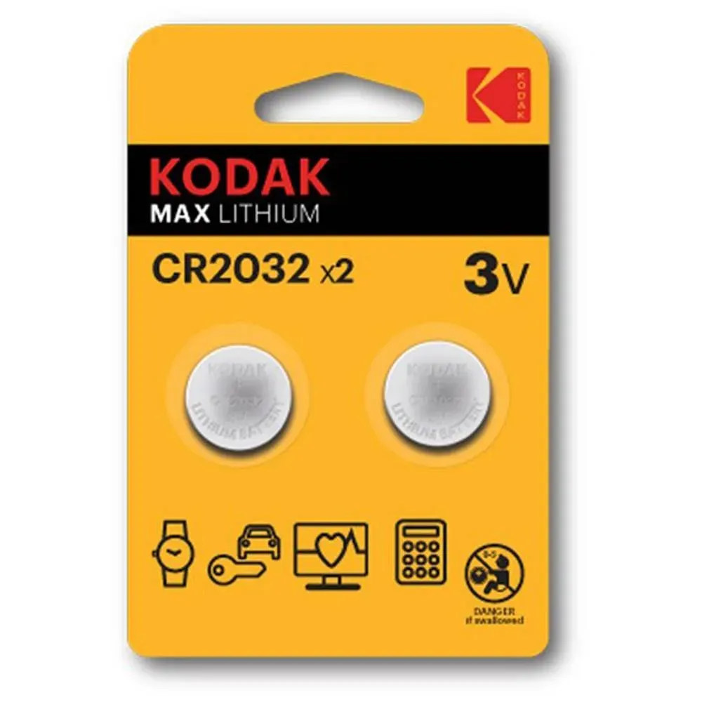 Front of Kodak Max Lithium CR2032 x2 battery pack, 3V
