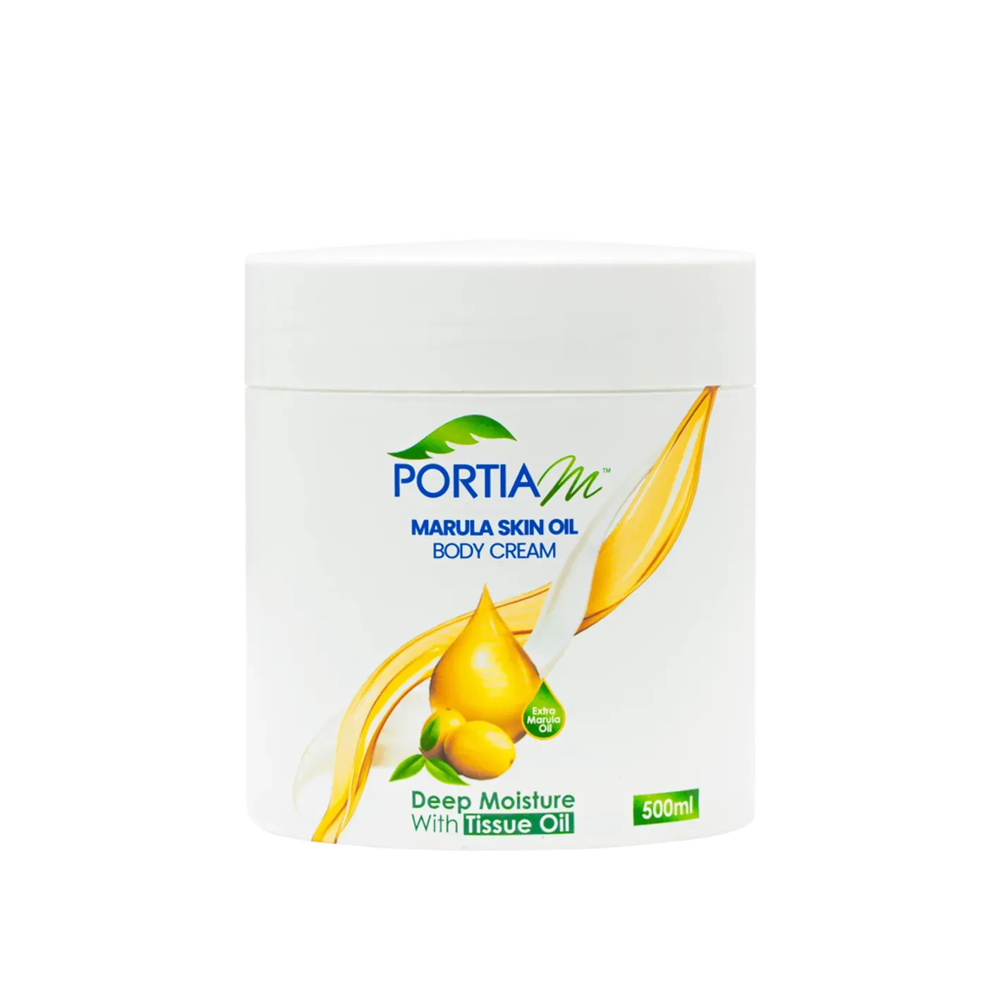 Front of Portia M Marula Skin Oil Body Cream with Tissue Oil, 500 ml tub