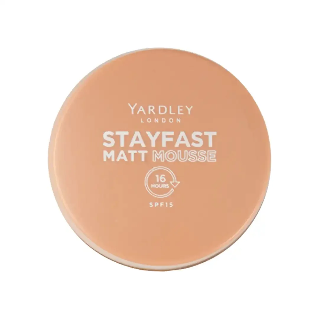 Top view of Yardley London Stayfast Matt Mousse Foundation compact, SPF15
