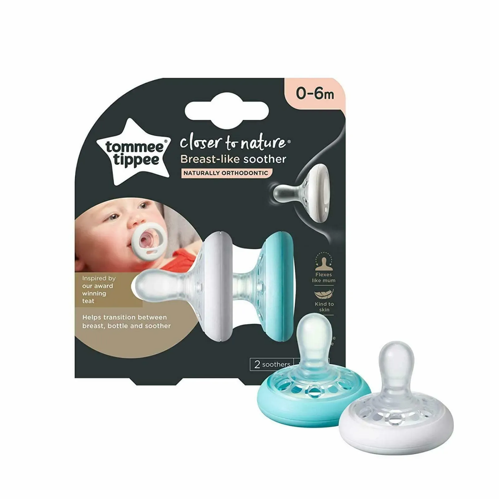 Front of Tommee Tippee Closer to Nature Breast-like Soother 0-6m, 2 pack