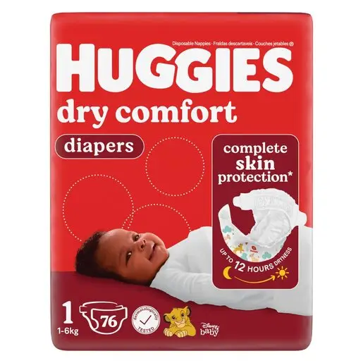 Front of Huggies Dry Comfort Size 1 nappies, 76 pack