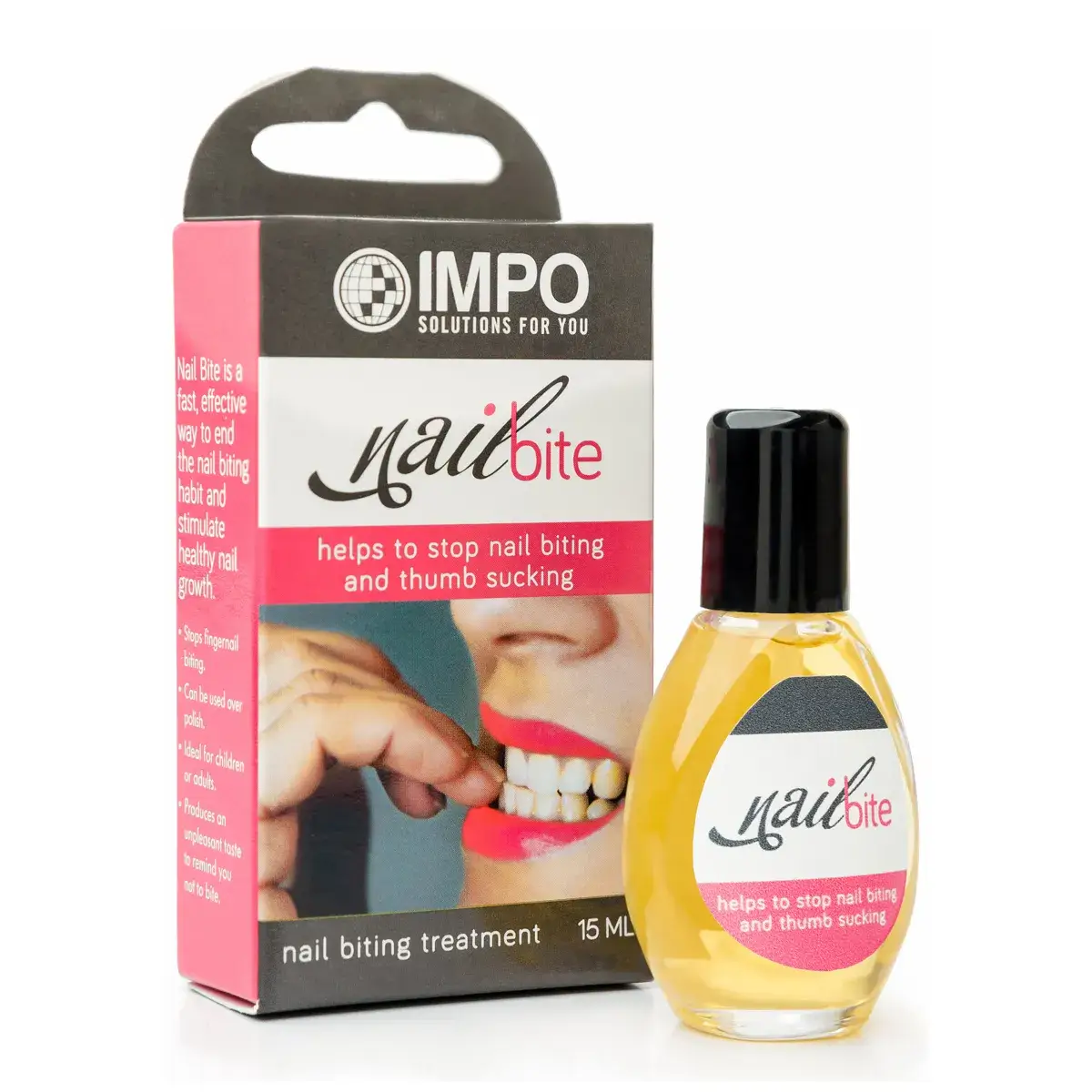 Front of Impo Nail Bite nail biting treatment box and bottle, 15 ml