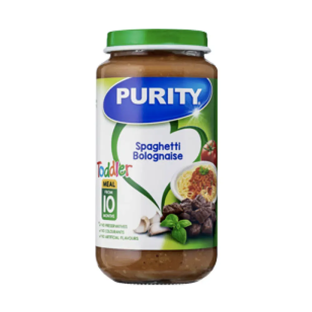 Front of Purity Spaghetti Bolognaise Toddler Meal jar 250 ml