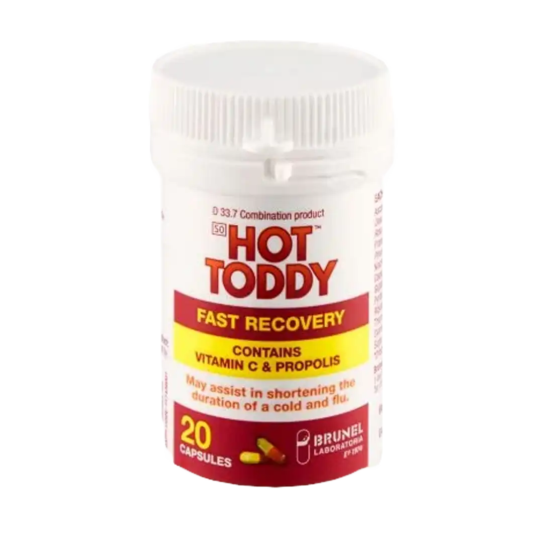 Front of Hot Toddy Fast Recovery Capsules, 20's bottle