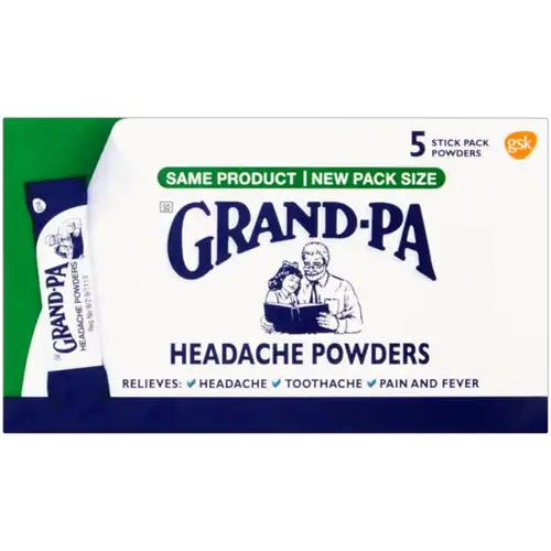 Front of Grand-Pa Headache Powders box, 5 stick pack powders