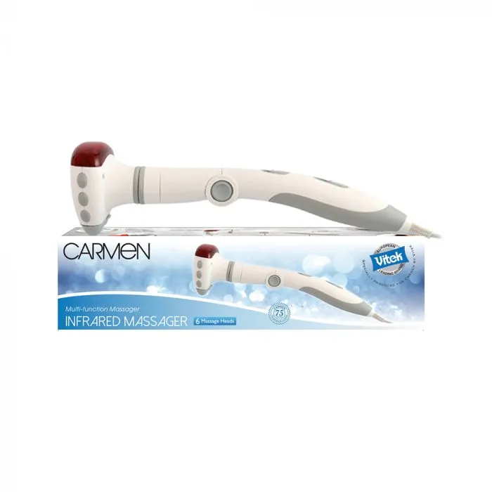 Front of Carmen Infrared Toning Massager box with massager unit shown above, 6 massage heads, 1 unit pack