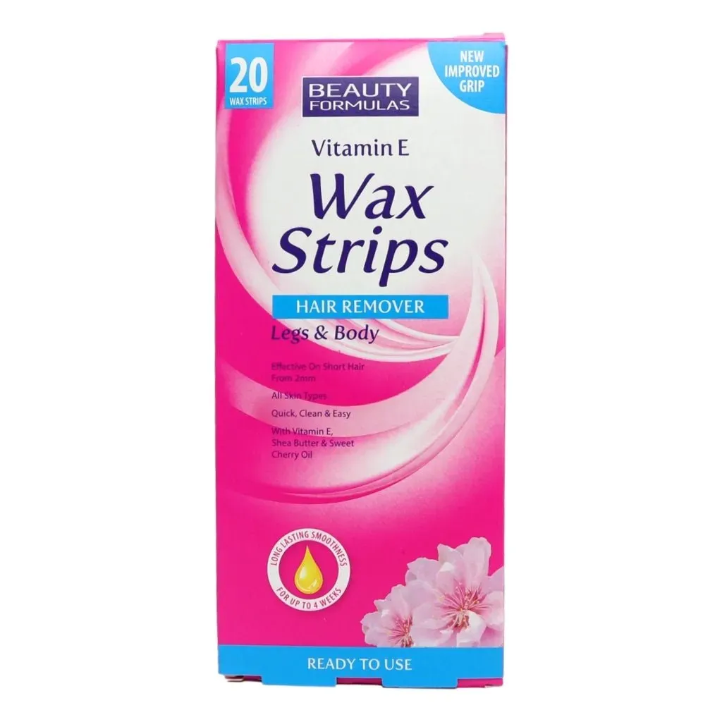 Front of Beauty Formulas Vitamin E Wax Strips Hair Remover Legs & Body, 20 strips