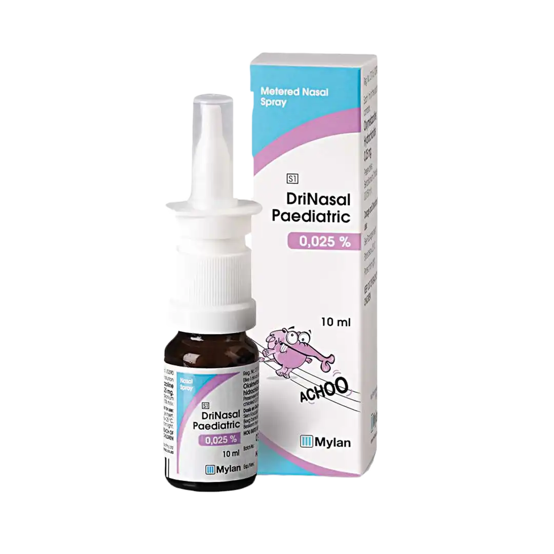 Front of DriNasal Paediatric 0.025mg/ml Nasal Spray 10 ml box and bottle