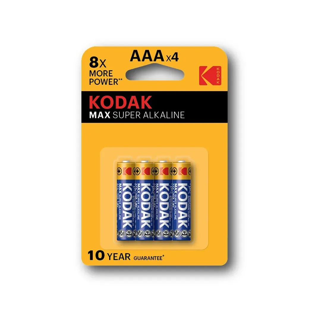 Front of Kodak Max Super Alkaline AAA 4-pack batteries blister pack