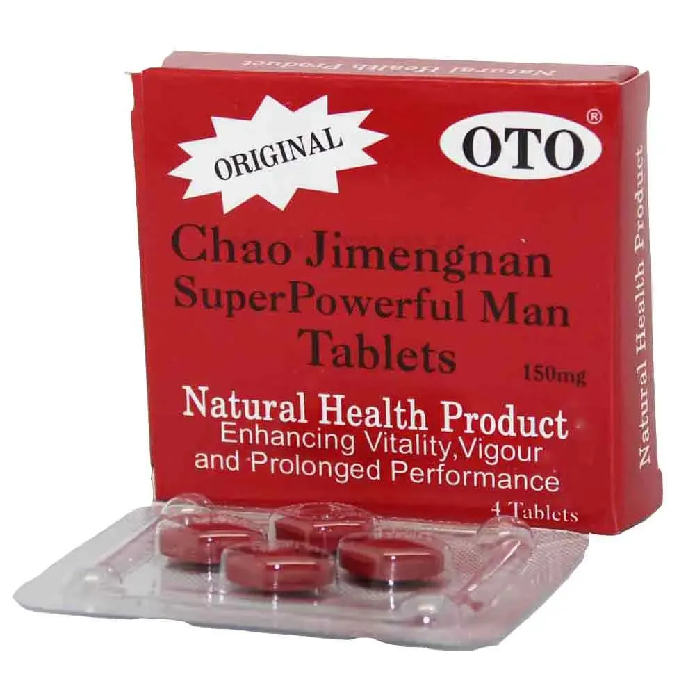 Front angled view of Grey Medical OTO Chao Jimengnan Super Powerful Man Tablets box with blister of 4 tablets, 4's pack