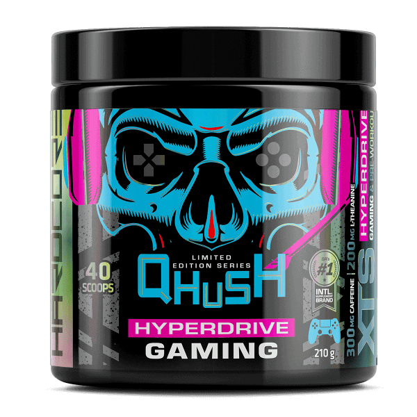 Front of USN QHUSH Hyperdrive Gaming pre-workout tub, 210 g