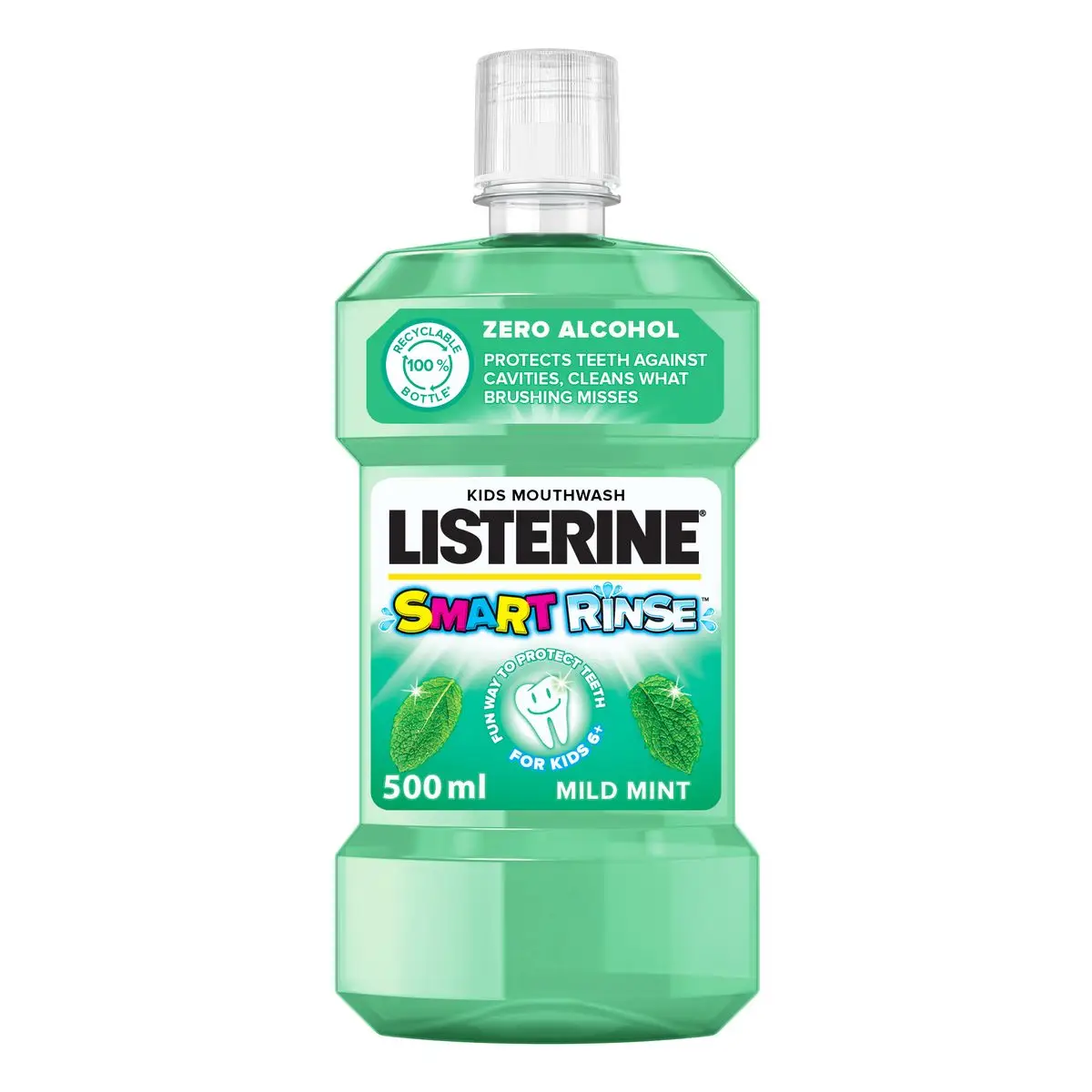 Front of Listerine Smart Rinse Mild Mint Kids Mouthwash 500 ml bottle on white background