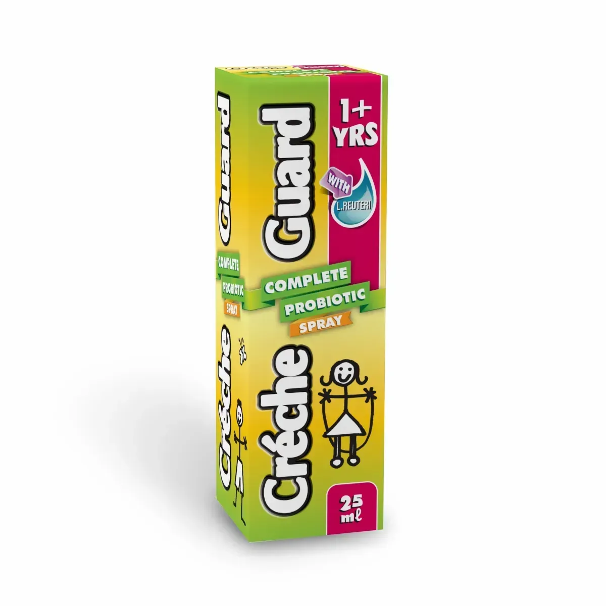Angled view of Créche Guard Complete Probiotic Spray 25 ml box on white background