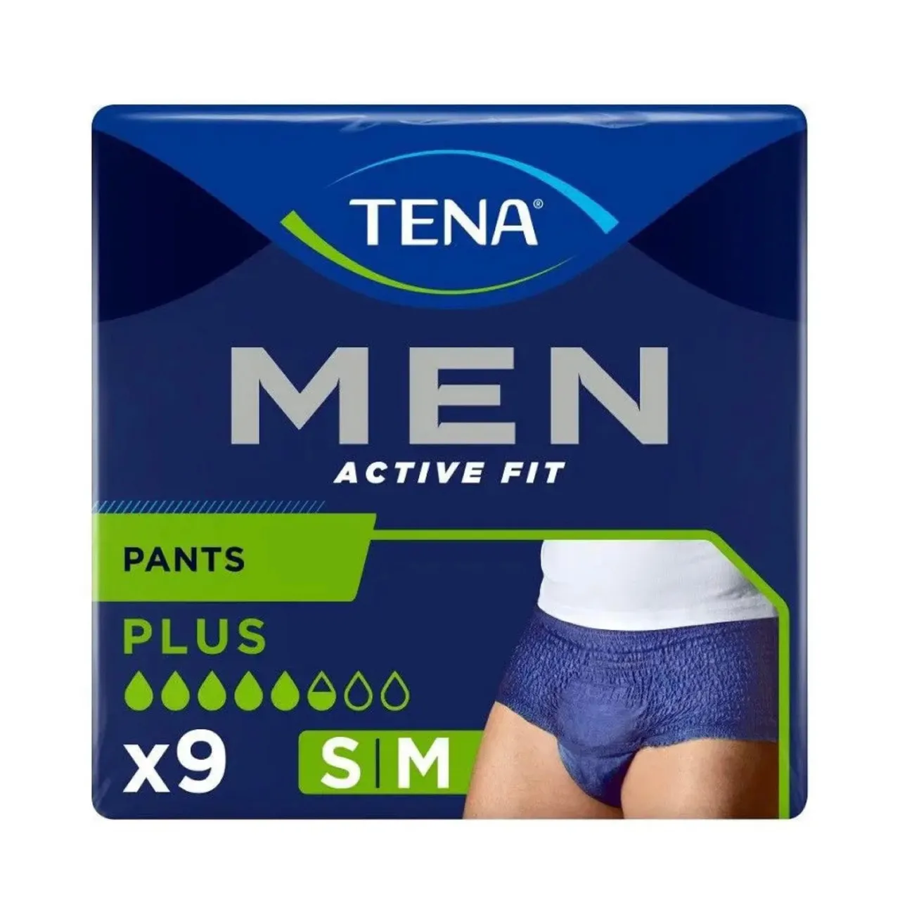 Front of TENA Men Active Fit Pants Plus, size S/M, pack of 9