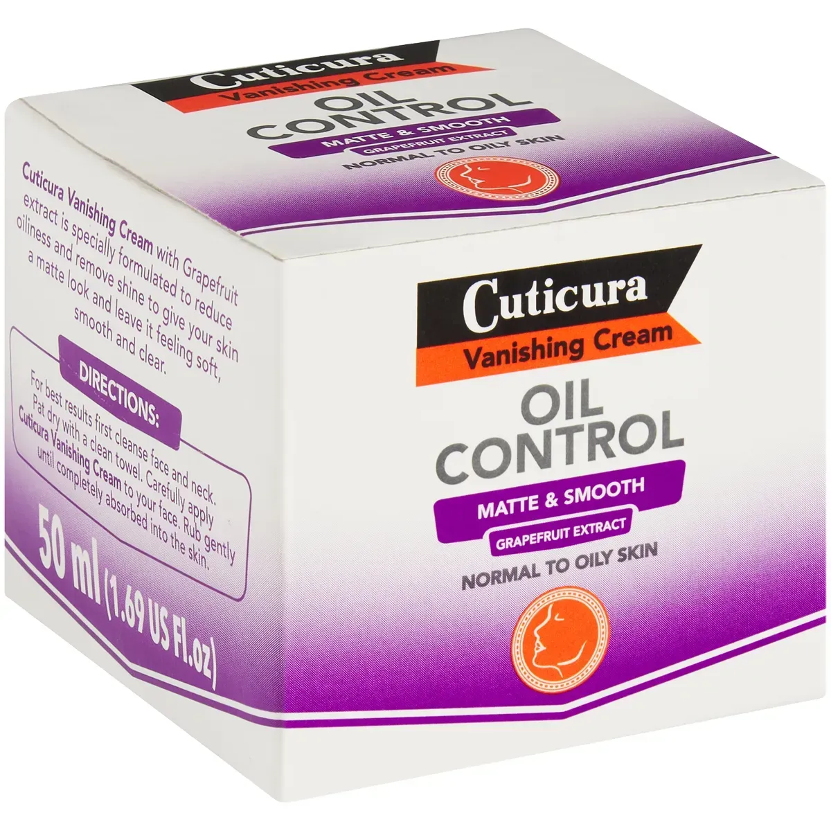 Angled view of Cuticura Vanishing Cream Oil Control 50 ml box showing directions and size