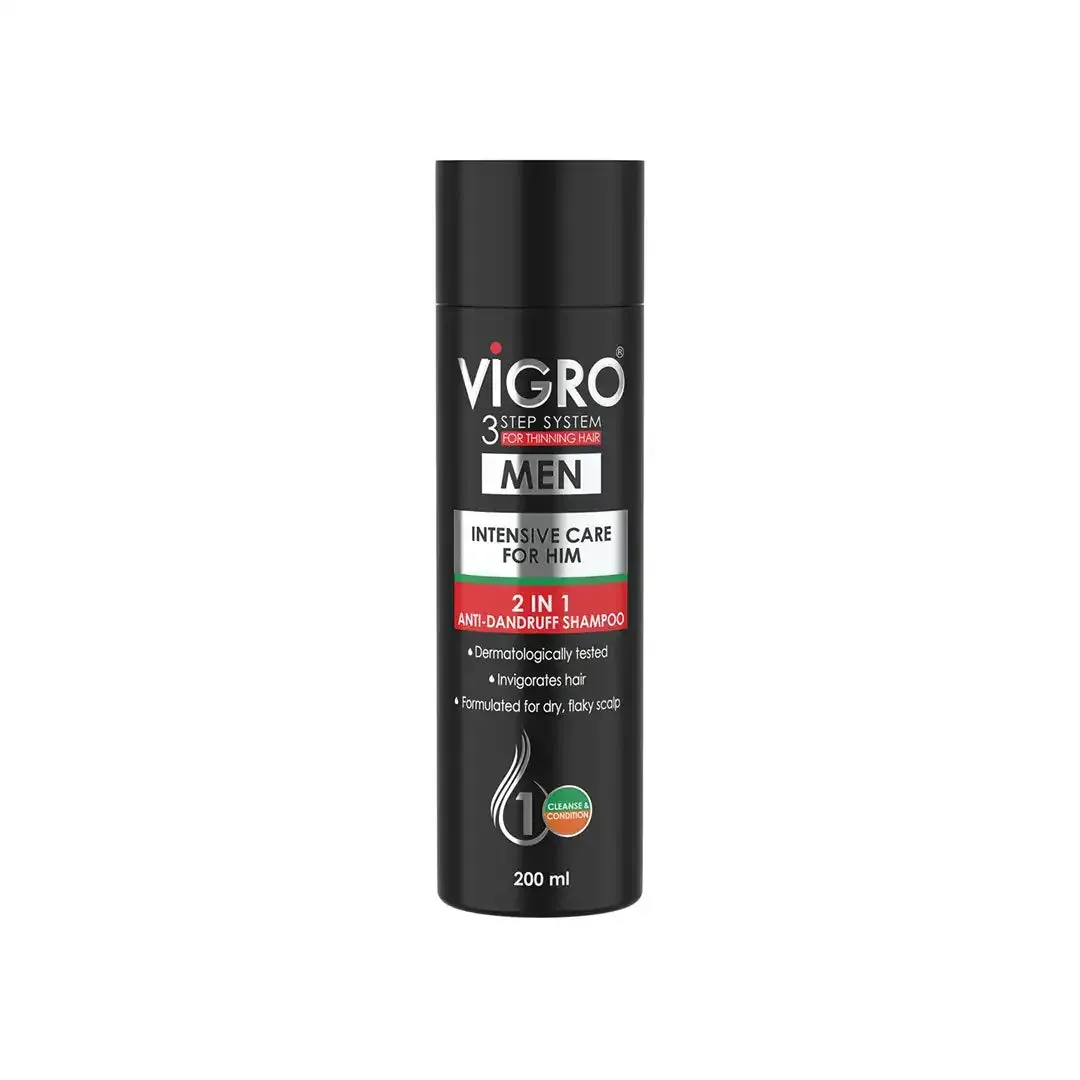 Front of Vigro Men 2-in-1 Anti-Dandruff Shampoo 200 ml bottle on white background