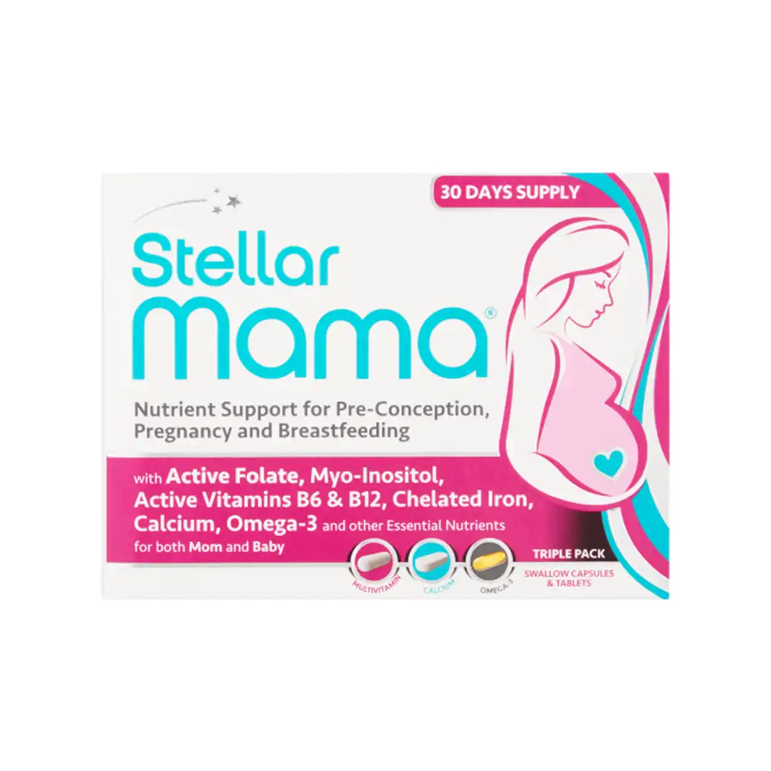Front panel of Anastellar Stellar Mama 30 Day Supply triple pack box