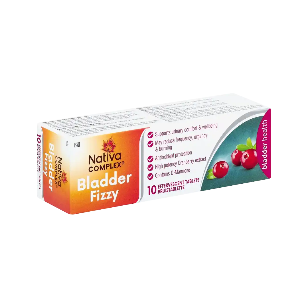 Angled view of Nativa Complex Bladder Fizzy 10 effervescent tablets box