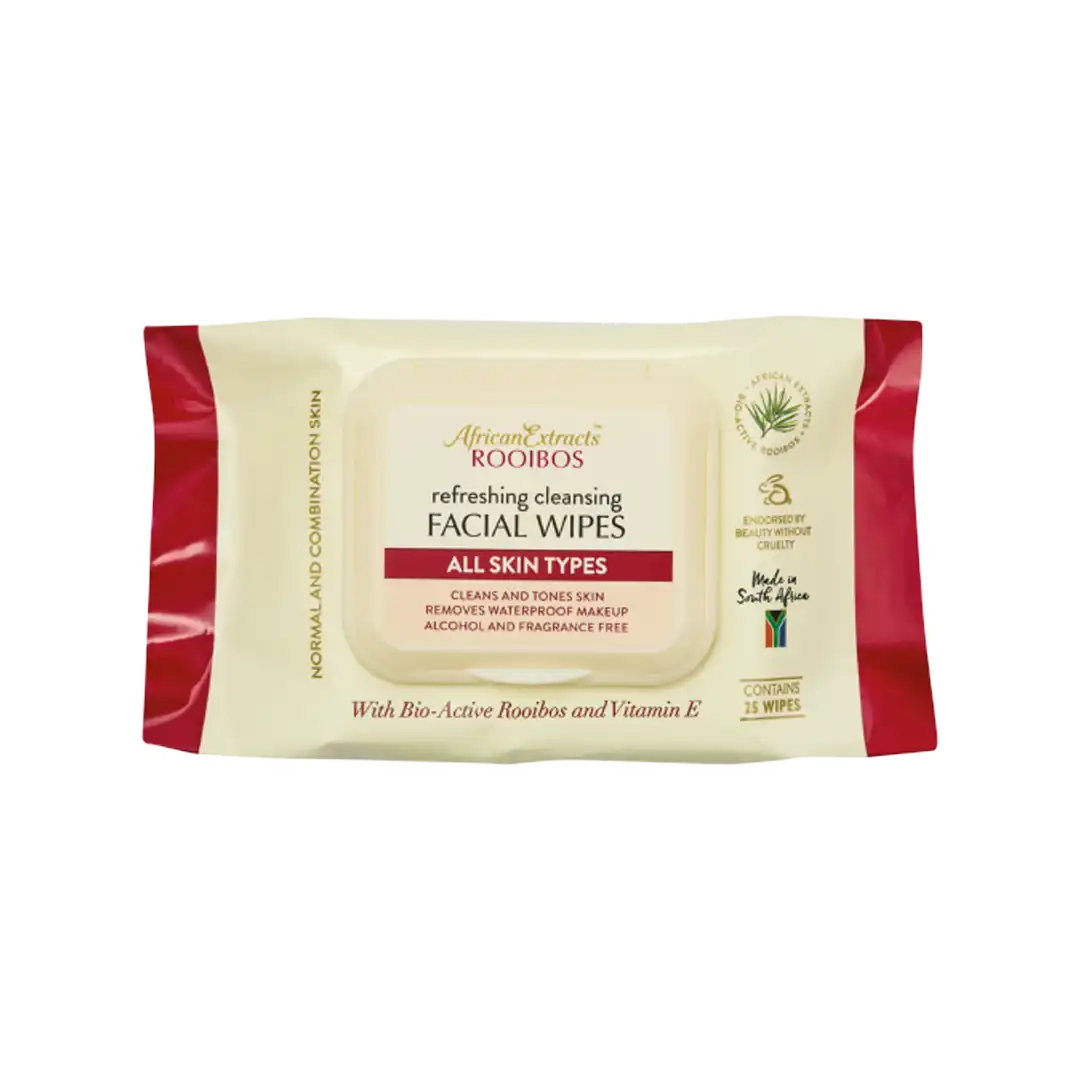 Front of African Extracts Rooibos Refreshing Cleansing Facial Wipes, All Skin Types, 25's pack