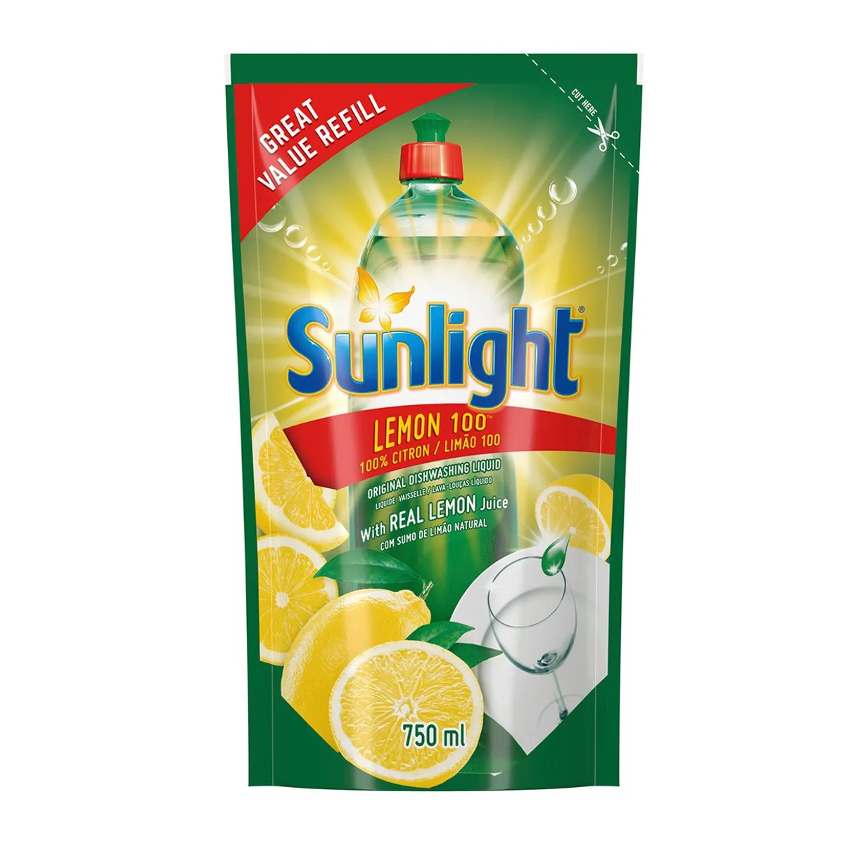 Front of Sunlight Original Lemon Dishwashing Liquid Pouch Refill 750 ml