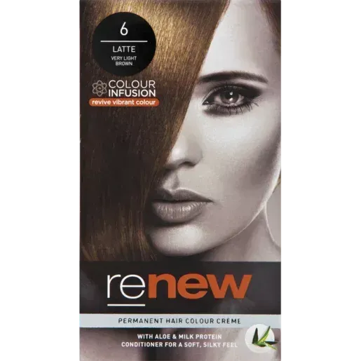Front of Renew Permanent Hair Colour Creme 6 Latte Very Light Brown box