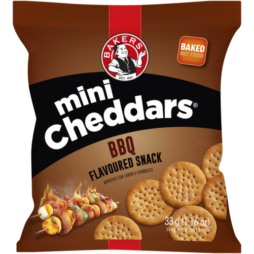 Front of Bakers Mini Cheddars BBQ Flavoured Snack 33g packet