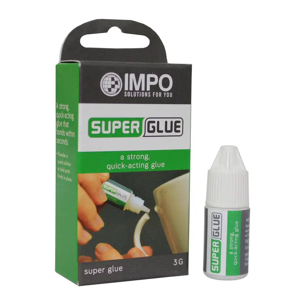 Front of IMPO Solutions Super Glue 3g box with bottle