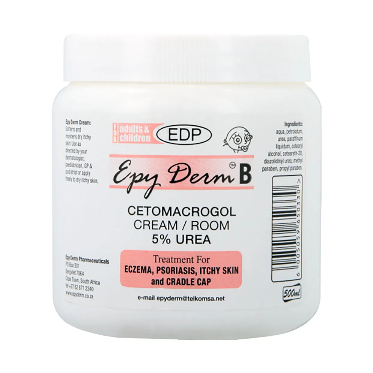 Front of Epy Derm B Cetomacrogol Cream 5% Urea 500ml tub