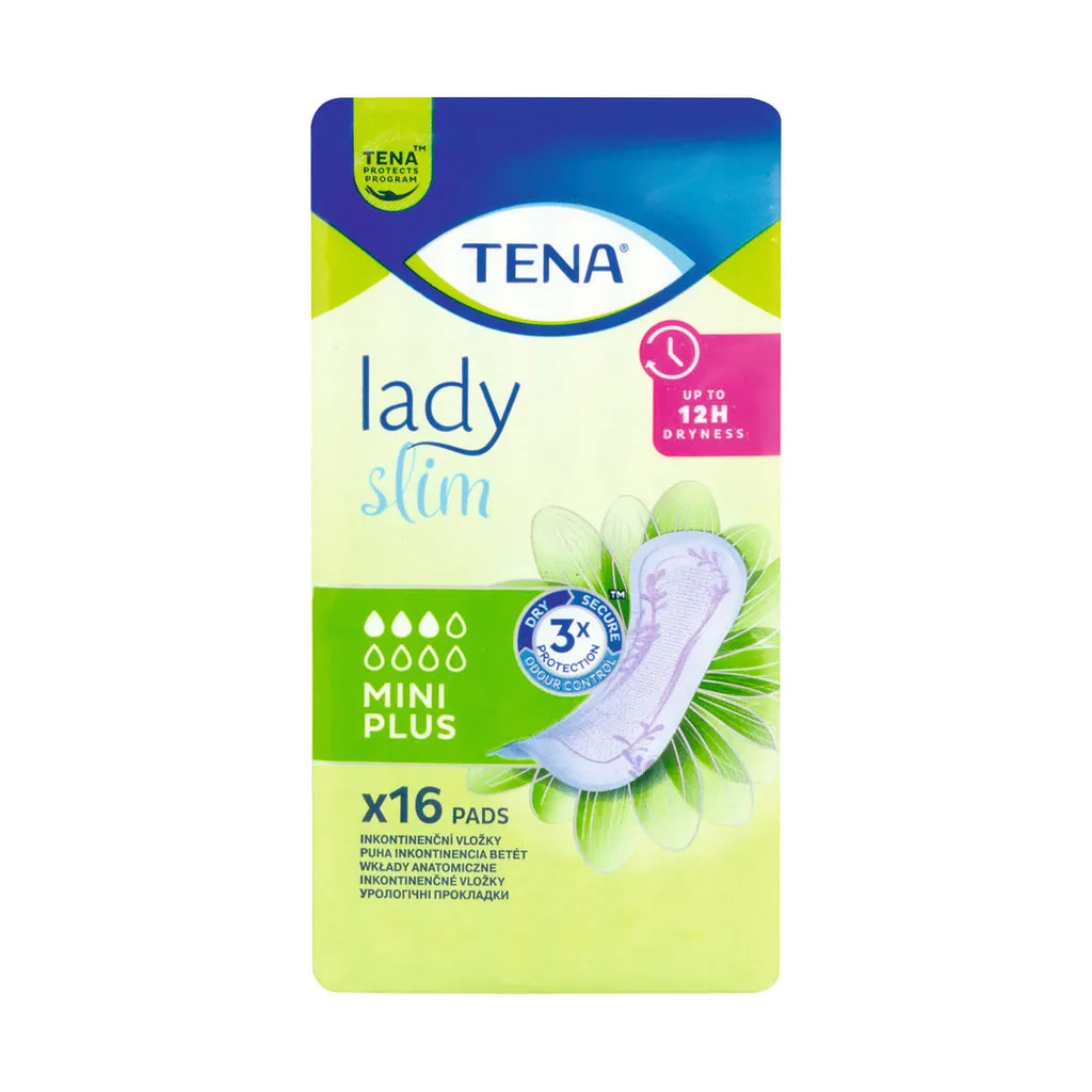 Front of TENA Lady Slim Mini Plus incontinence pads pack, 16 pads