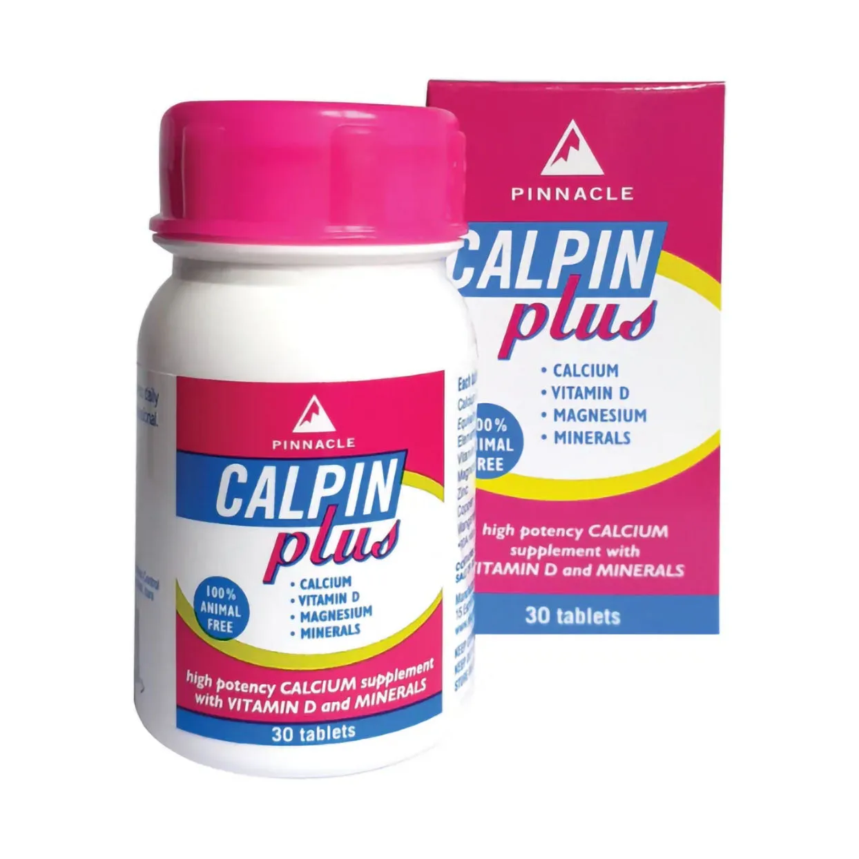 Front of Pinnacle Calpin Plus 30 Tablets bottle and box