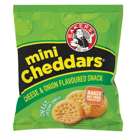 Front of Bakers Mini Cheddars Cheese & Onion 33g snack pack