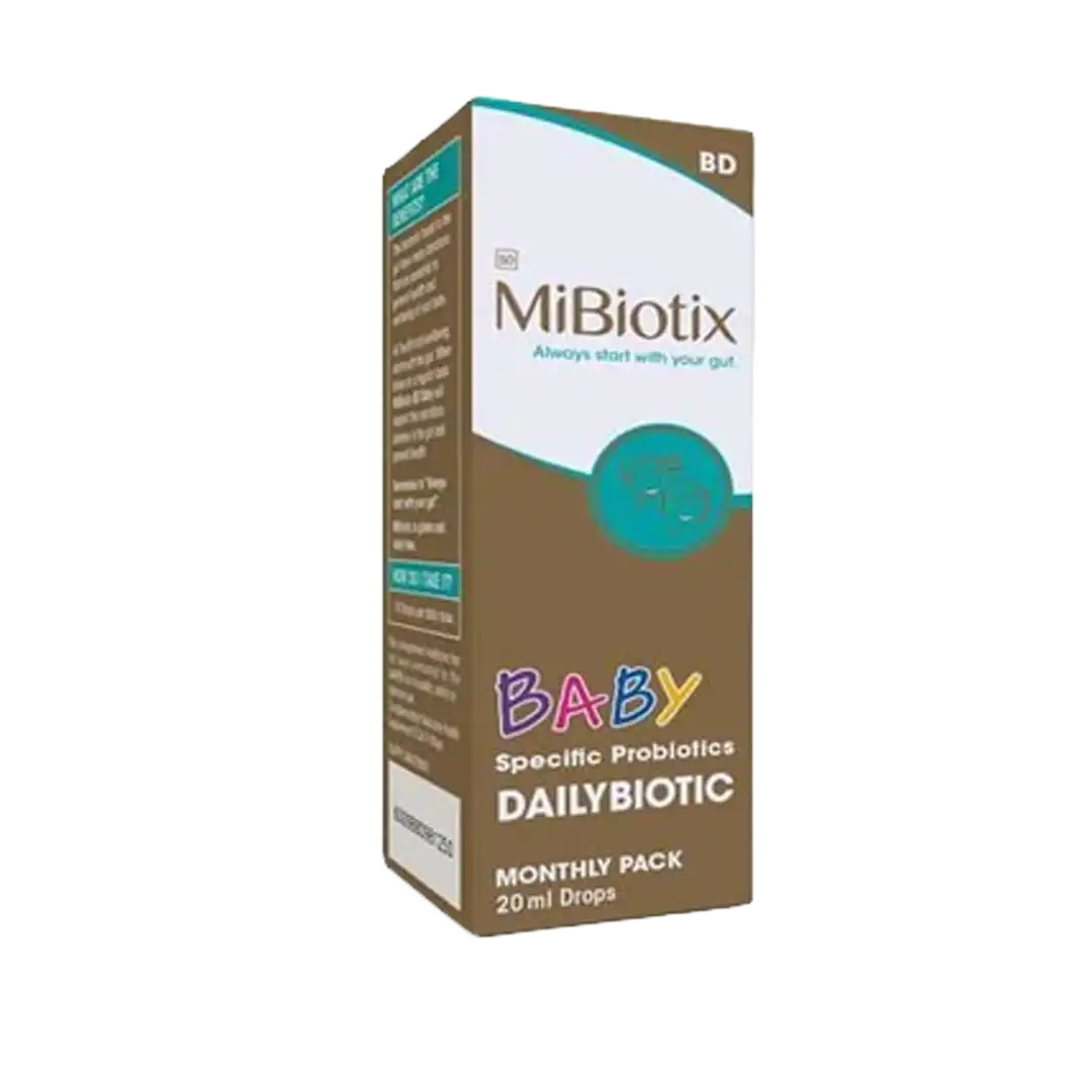 Angled view of MiBiotix Baby Dailybiotic Monthly Pack 20 ml drops box