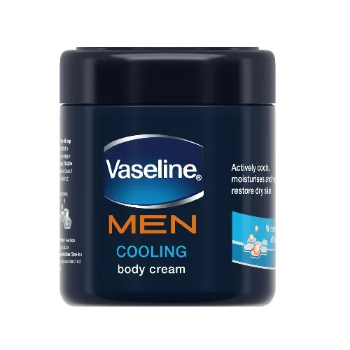 Front of Vaseline Men Cooling Body Cream 250 ml jar on white background