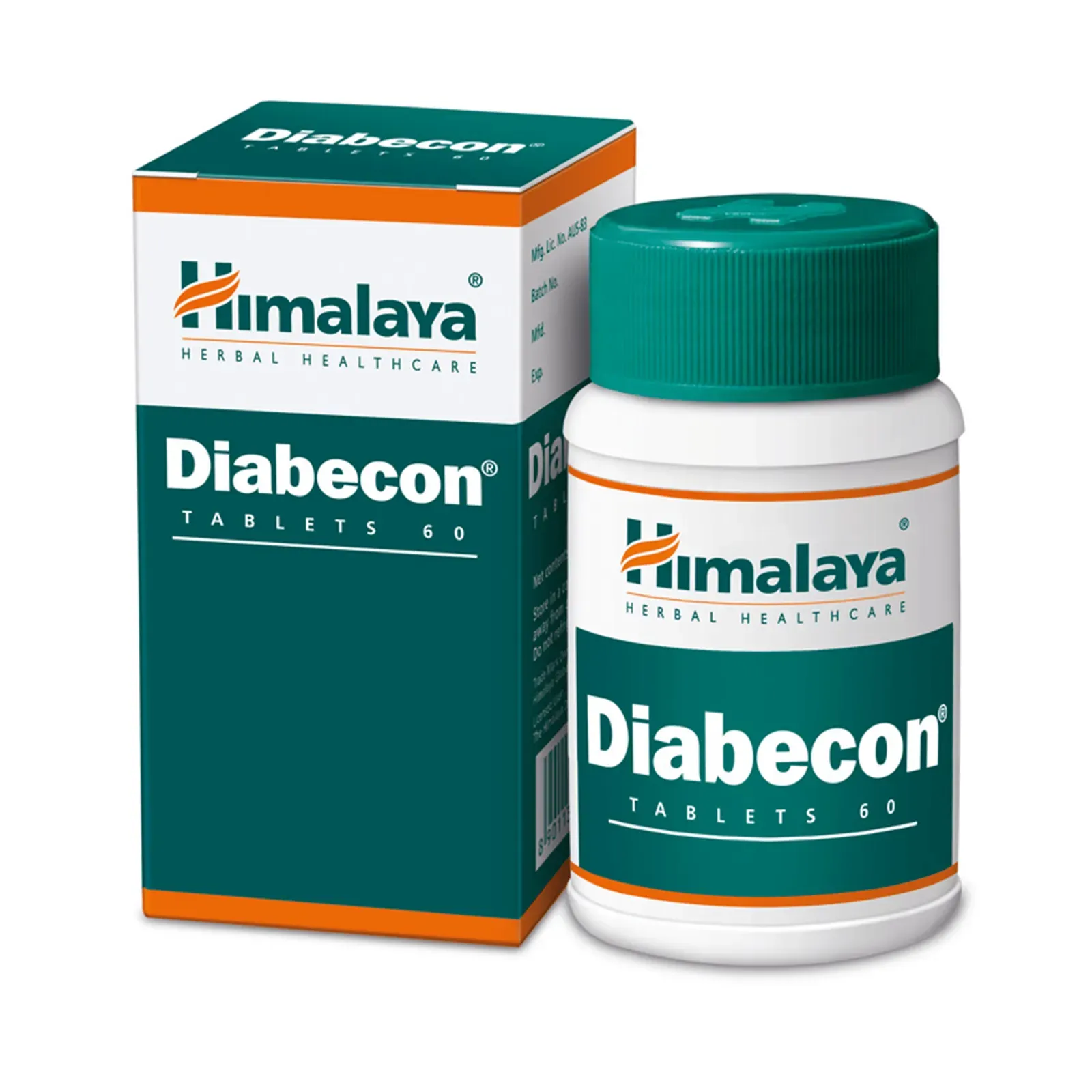 Front angled view of Himalaya Diabecon Tablets 60 box and bottle