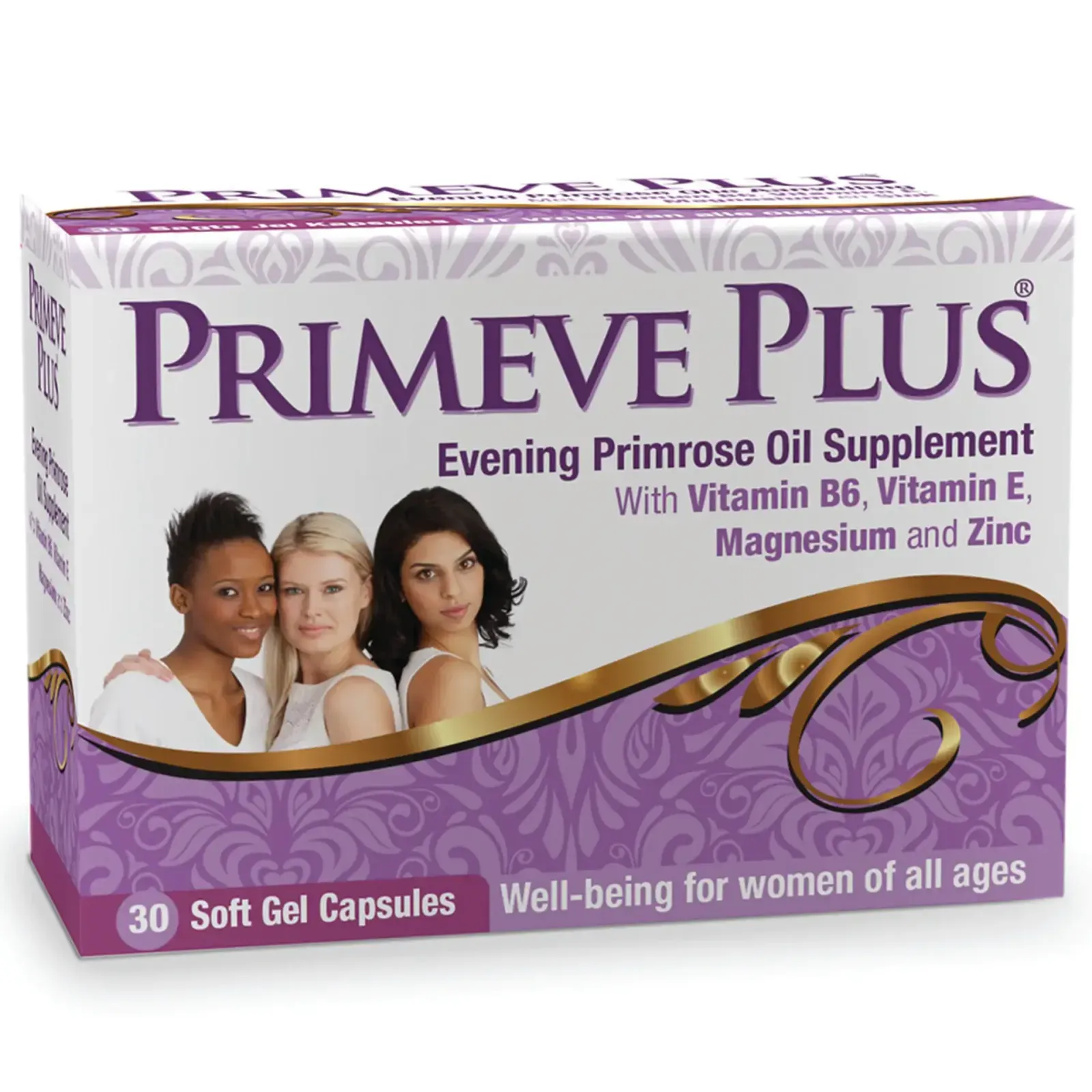 Angled view of Primeve Plus Evening Primrose Oil Supplement 30 soft gel capsules box