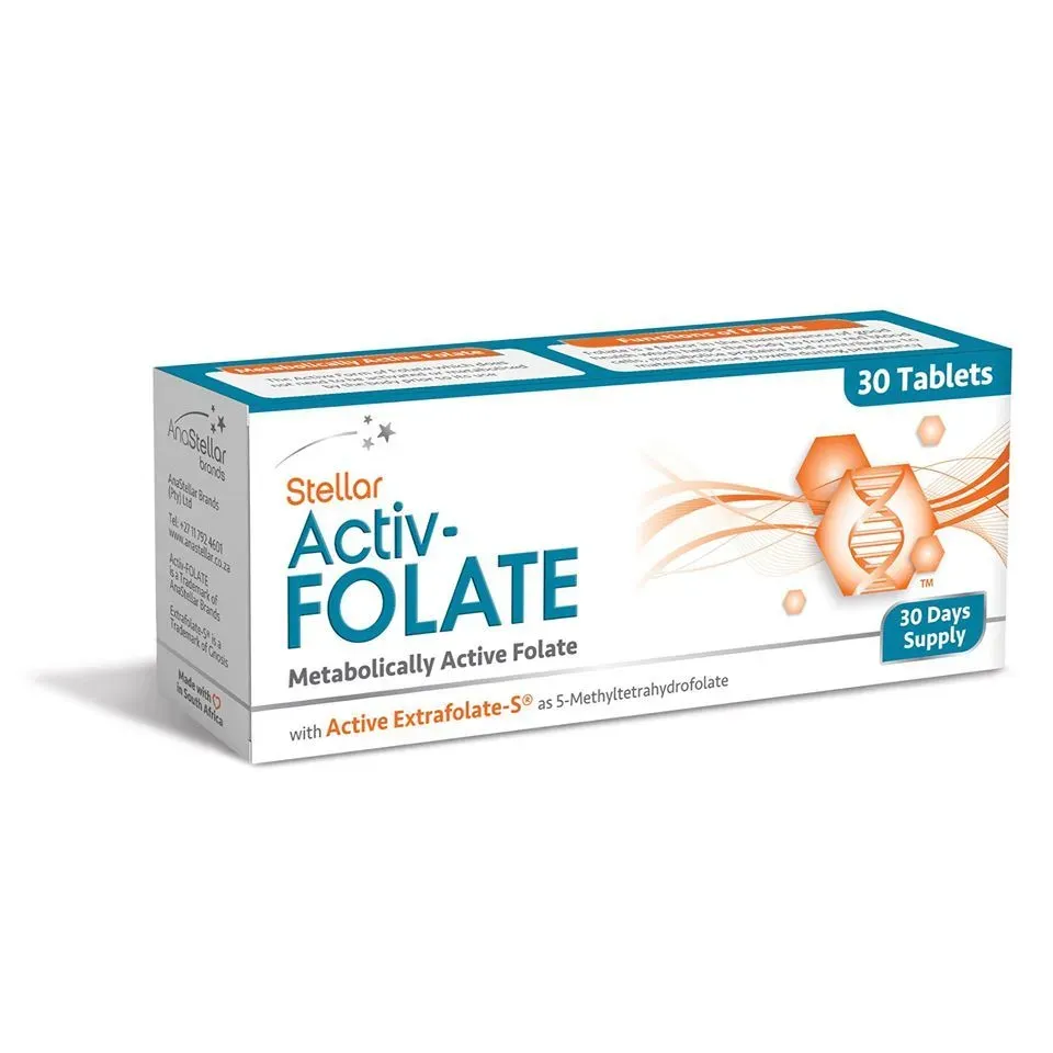 Angled view of Stellar Activ-Folate 30 tablets box on white background